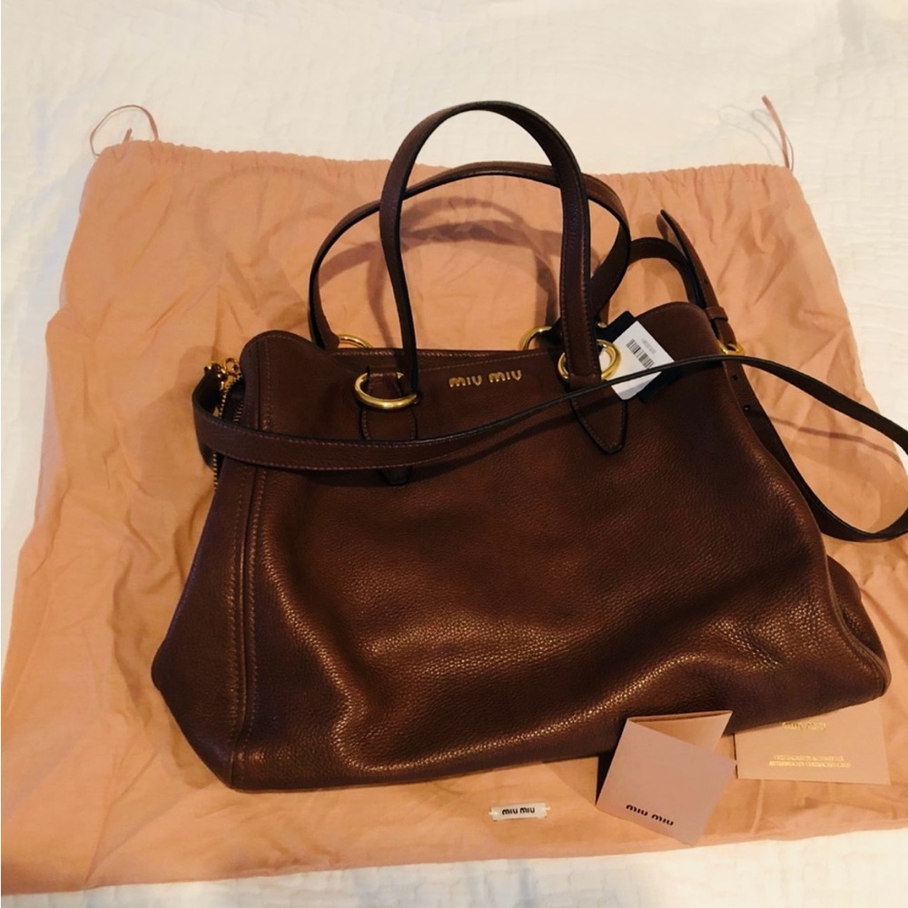 Miu Miu dark Brown Leather Tote with Handles and crossbody strap